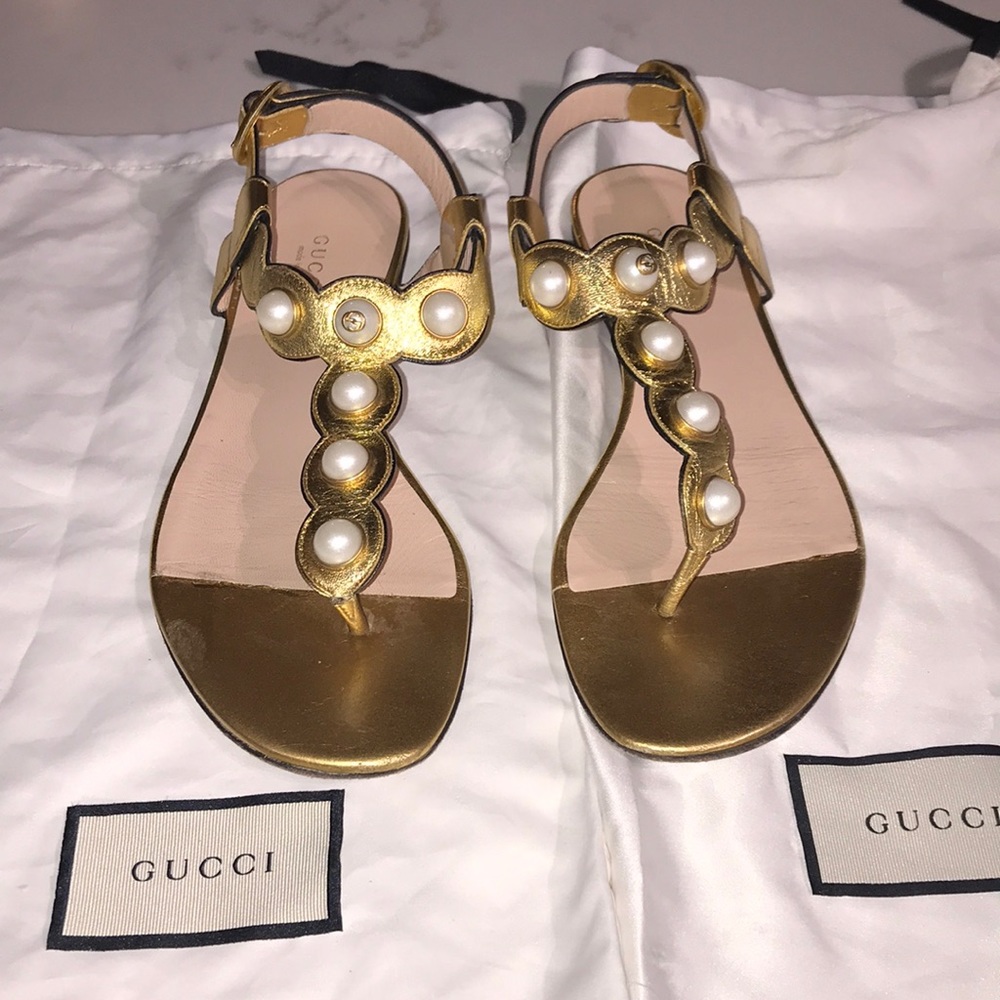 COPY - GUCCI leather gold Sandals with Pearls